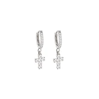 CZ Cross Silver-Tone Dangle Huggie Hoop Earrings - 18 Gauge