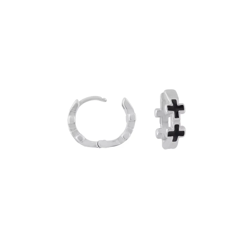 Black Cross Silver-Tone Huggie Hoop Earrings - 18 Gauge