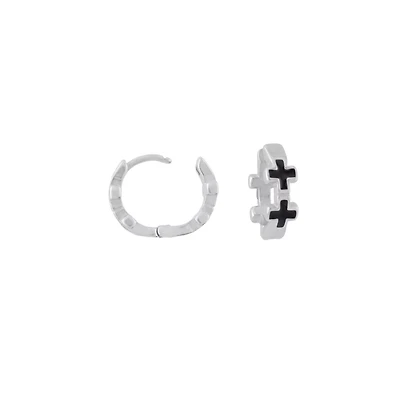 Black Cross Silver-Tone Huggie Hoop Earrings - 18 Gauge