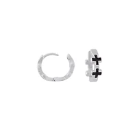 Black Cross Silver-Tone Huggie Hoop Earrings - 18 Gauge