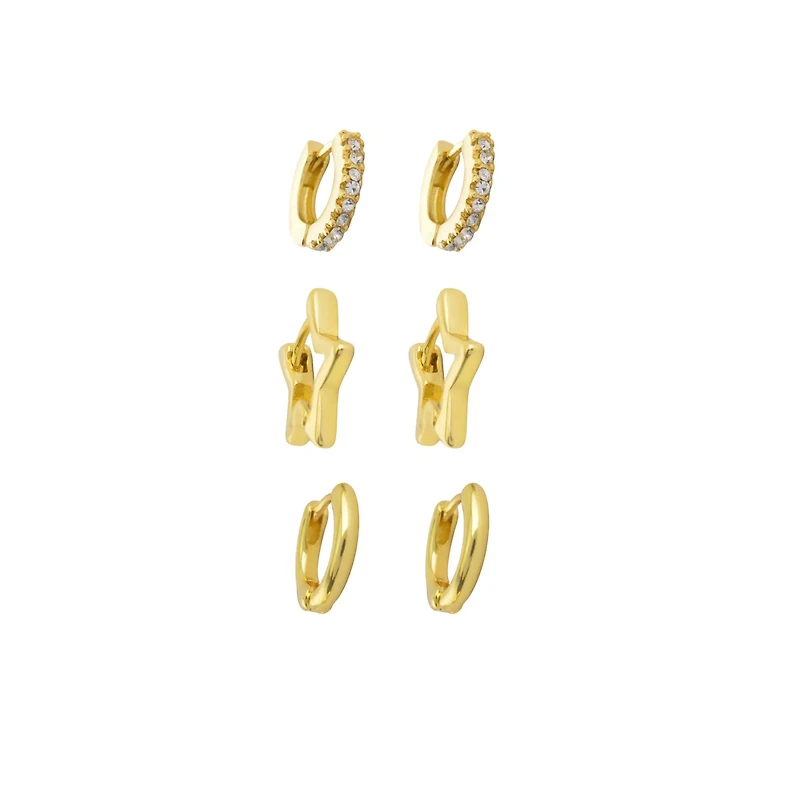 Multi-Pack Clear CZ Star and Round Gold-Tone Huggie Hoops 3 Pair - 18 Gauge