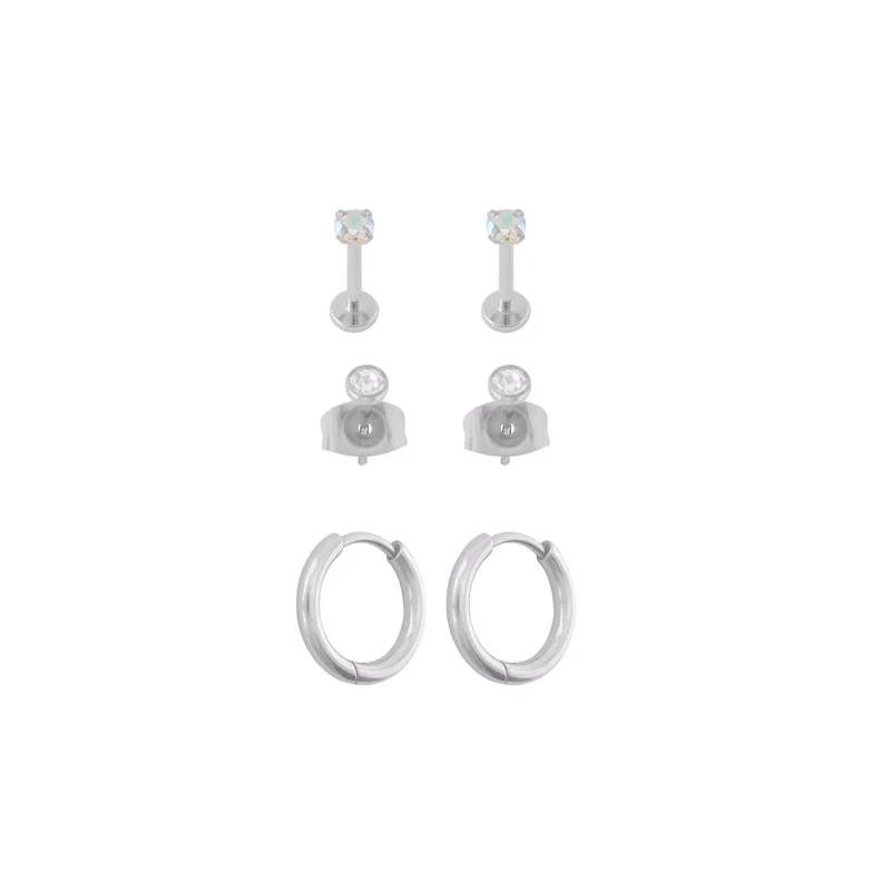 Multi-Pack Silver-Tone Clear CZ Stud and Hinged Hoop Earrings 3 Pairs - 18 Gauge
