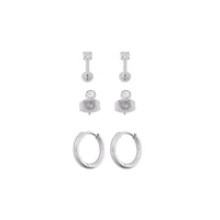 Multi-Pack Silver-Tone Clear CZ Stud and Hinged Hoop Earrings 3 Pairs - 18 Gauge