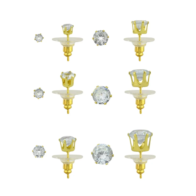 Multi-Pack Gold-Tone Clear CZ Hexagon Stud Earrings 6 Pairs - 20 Gauge