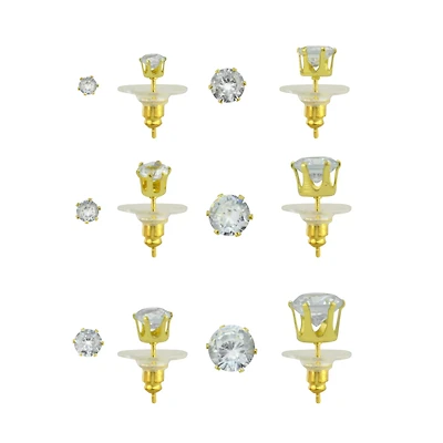 Multi-Pack Gold-Tone Clear CZ Hexagon Stud Earrings 6 Pairs - 20 Gauge
