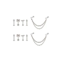 Multi-Pack Clear CZ Bow Heart Silver-Tone Cartilage Labret Pins and Chain 6 Pack - 18 Gauge