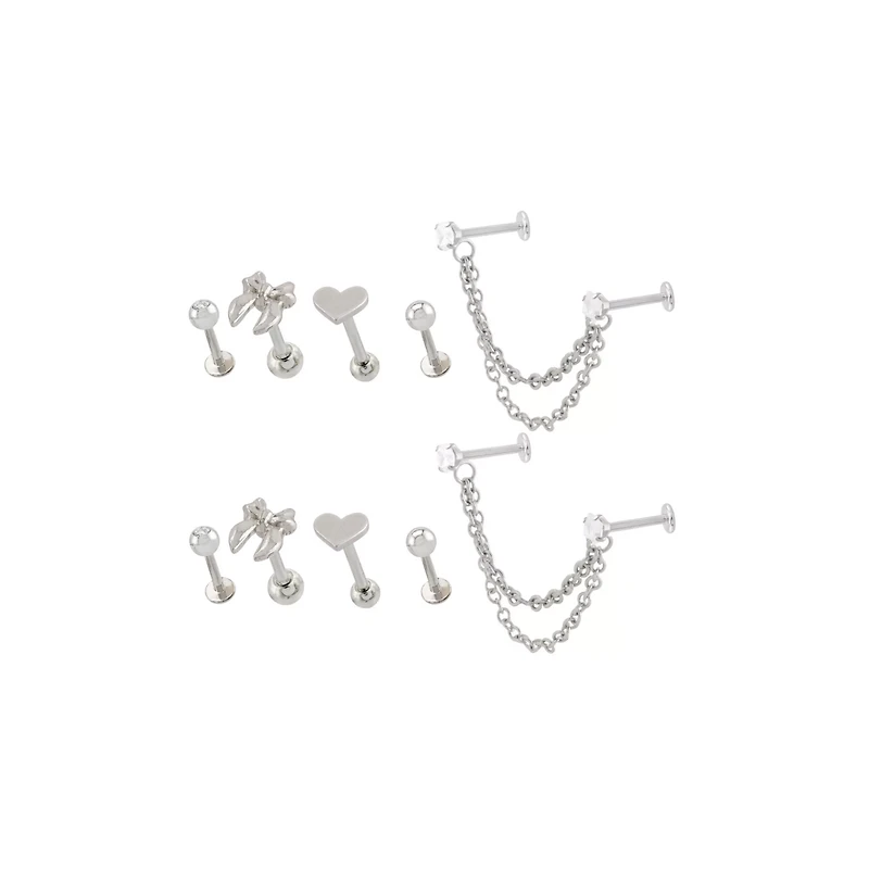 Multi-Pack Clear CZ Bow Heart Silver-Tone Cartilage Labret Pins and Chain 6 Pack - 18 Gauge
