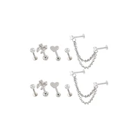 Multi-Pack Clear CZ Bow Heart Silver-Tone Cartilage Labret Pins and Chain 6 Pack - 18 Gauge