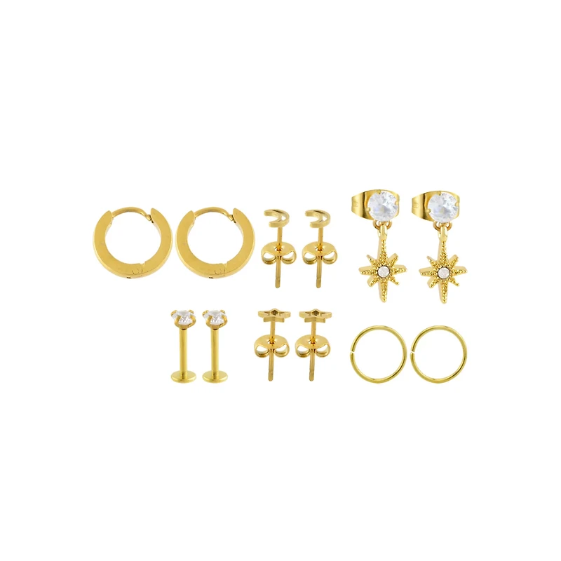 Multi-Pack Clear CZ Celestial Gold-Tone Earrings 6 Pair - 18 Gauge