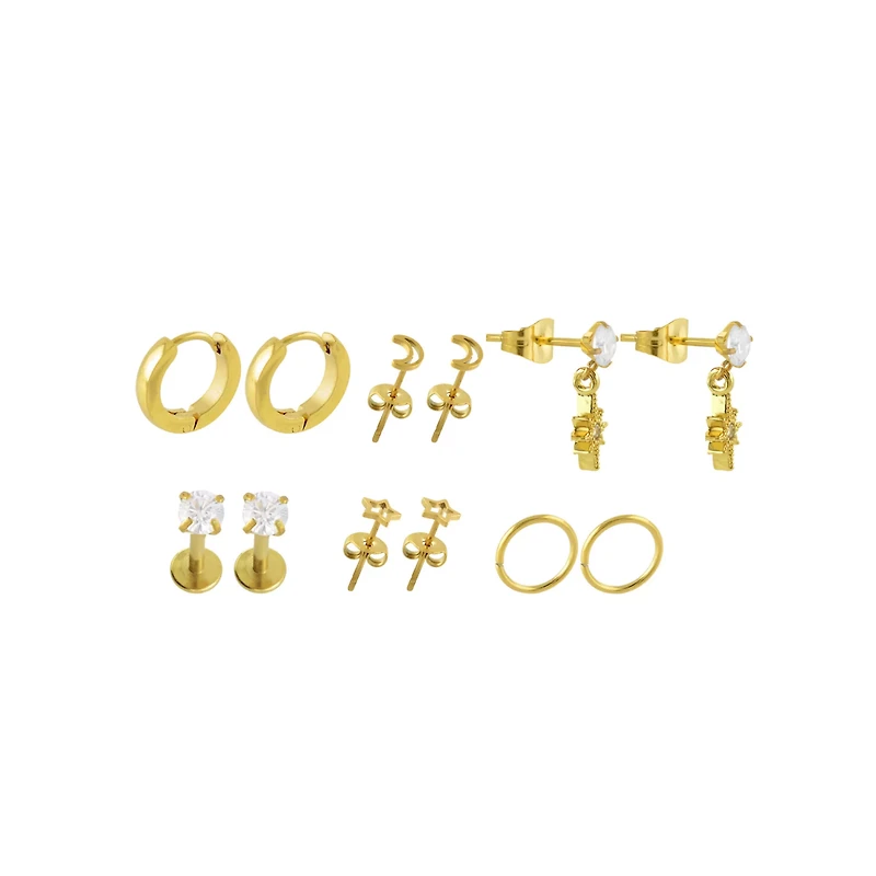 Multi-Pack Clear CZ Celestial Gold-Tone Earrings 6 Pair - 18 Gauge