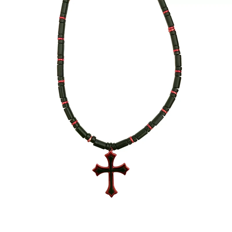 Black and Red Beaded Cross Necklace