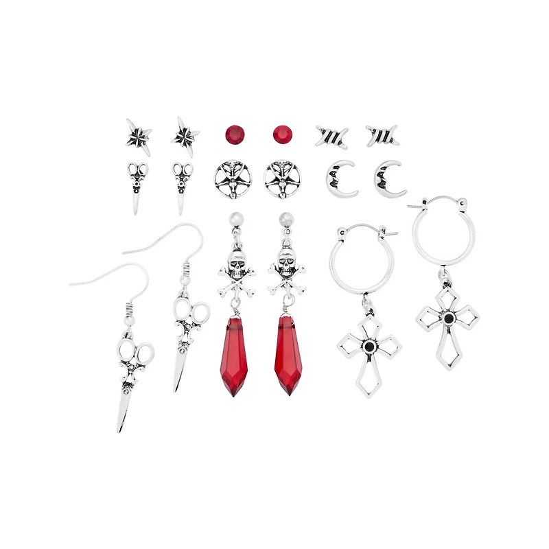 Multi-Pack Red CZ Vamp Romantic Stud and Dangle Earrings - 9 Pairs