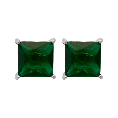 Green CZ Square Silver-Plated Stud Earrings - 20 Gauge