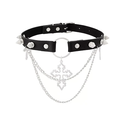 Cross Spike Draped Double Chain Choker Necklace