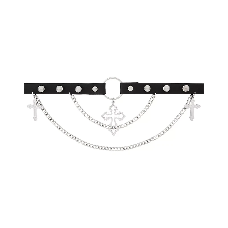 Cross Spike Draped Double Chain Choker Necklace