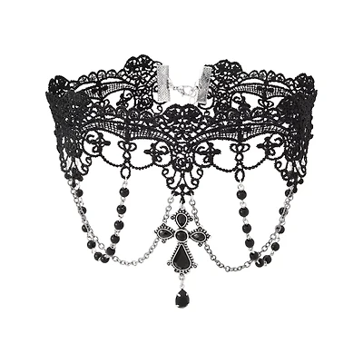 Black Cross Draped Beaded Chains Lace Choker Necklace