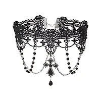 Black Cross Draped Beaded Chains Lace Choker Necklace