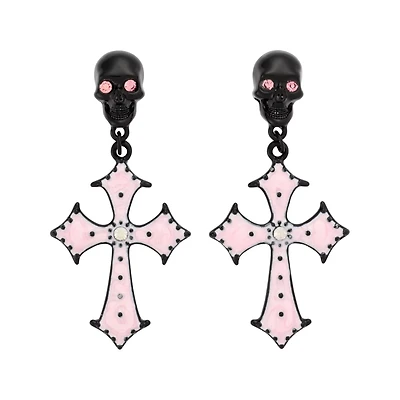 Black and Pink Skull Cross Dangle Earrings