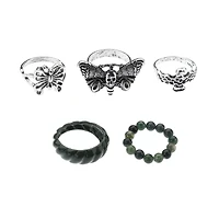 Multi-Pack Moth Green and Silver-Tone Rings - 5 Pack
