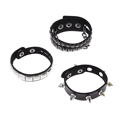 Multi-Pack Black and Silver Studded and Spiked Cuff Bracelets - 3 Pack