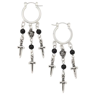 Rose and Dagger Dangle Hoop Earrings