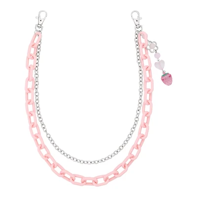 Strawberry Heart Pink and Silver-Tone 2-Row Wallet Chain