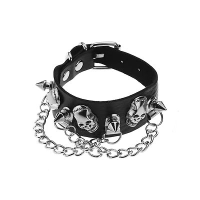 Black and Silver-Tone Skull Drop Chain Cuff Bracelet