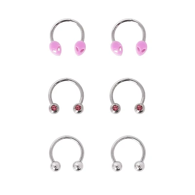 Multi-Pack Pink CZ Alien Silver-Tone Horseshoe Rings 3 Pack - 16 Gauge