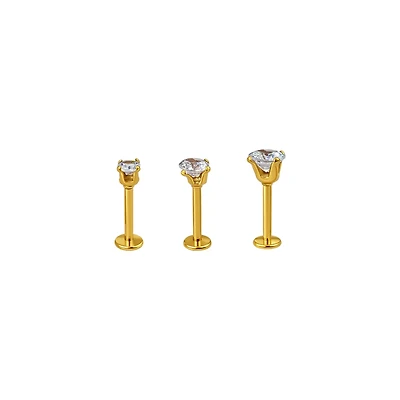 Multi-Pack CZ Goldtone Labret Lip Rings 3 Pack - 16 Gauge