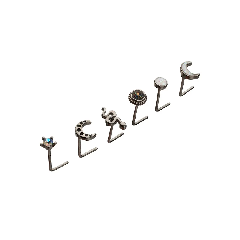 Multi-Pack CZ Star and Moon L-Bend Nose Rings 6 Pack - 20 Gauge