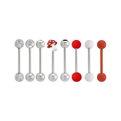 Multi-Pack CZ Silver-Tone Mushroom Barbells 8 Pack - 14 Gauge