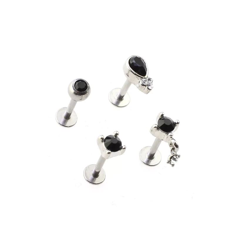 Multi-Pack Black Round Tear Drop Cartilage Earrings 4 Pack - 16 Gauge