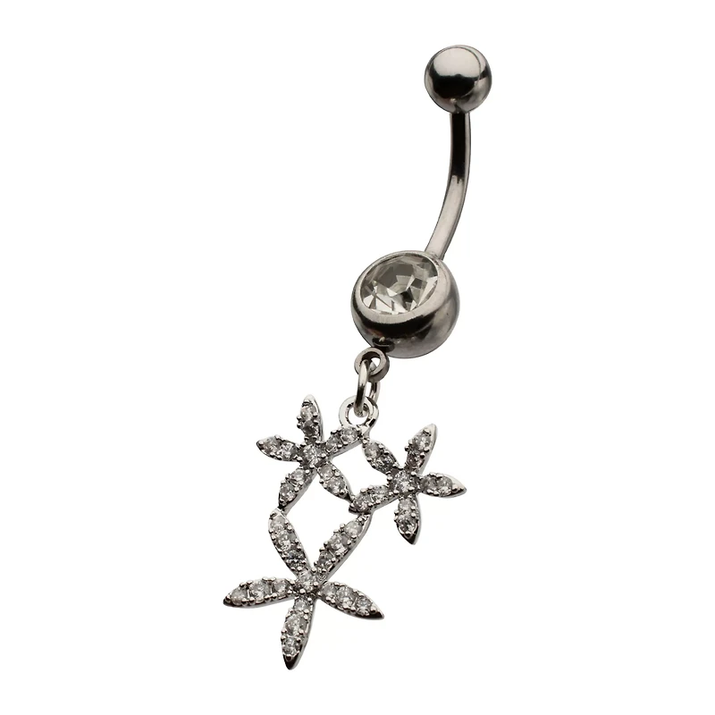 CZ Silver-Tone Triple Flower Dangle Belly Ring - 14 Gauge