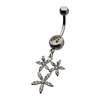 CZ Silver-Tone Triple Flower Dangle Belly Ring - 14 Gauge