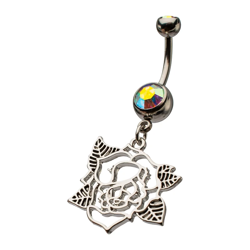 Iridescent CZ Rose Silver-Tone Dangle Belly Ring - 14 Gauge