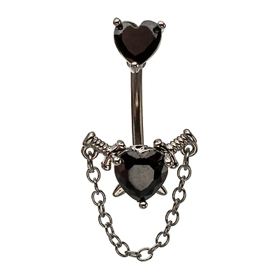 Silver-Tone CZ Black Heart Chain Dangle Belly Ring - 14 Gauge