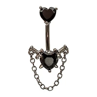 Silver-Tone CZ Black Heart Chain Dangle Belly Ring - 14 Gauge