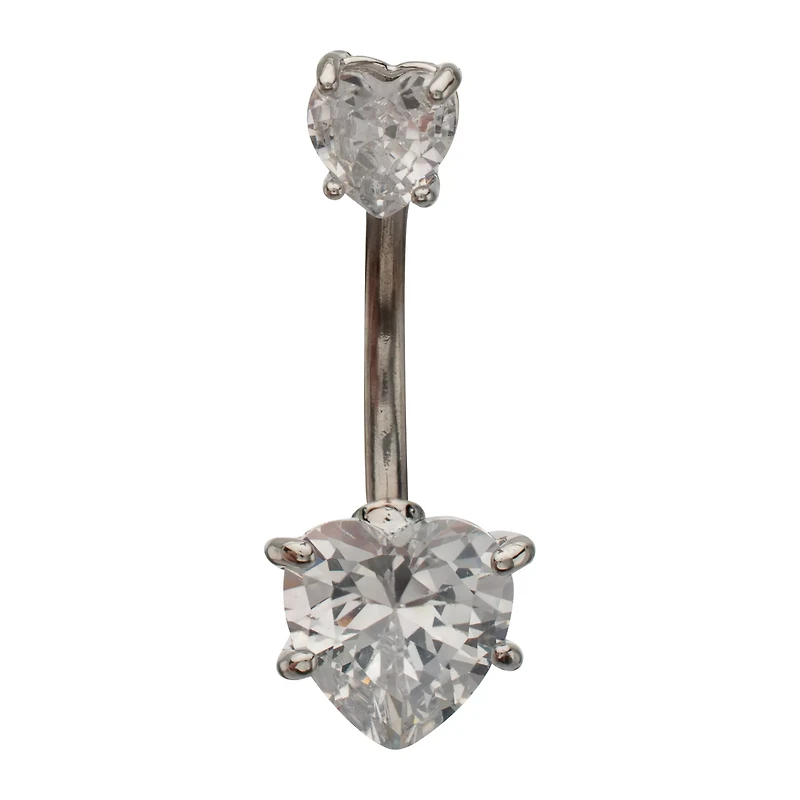 Silver-Tone Heart CZ Double Belly Ring - 14 Gauge