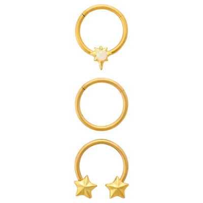Multi-Pack Opal-Effect Star Gold-Plated Captive and Horseshoe Septum Rings 3 Pack - 16 Gauge