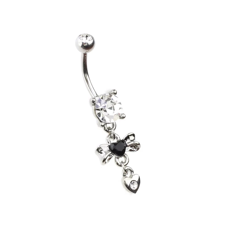 Clear and Black CZ Bow Heart Silver-Tone Dangle Belly Ring - 14 Gauge