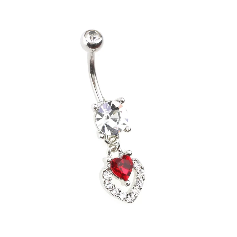 Clear and Red CZ Round Heart Silver-Tone Dangle Belly Ring - 14 Gauge