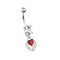 Clear and Red CZ Round Heart Silver-Tone Dangle Belly Ring - 14 Gauge