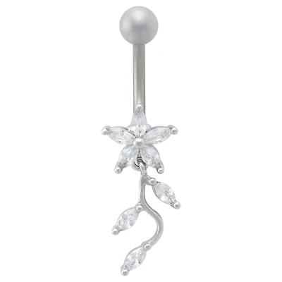 CZ Flower Vine Dangle Belly Ring -14 Gauge