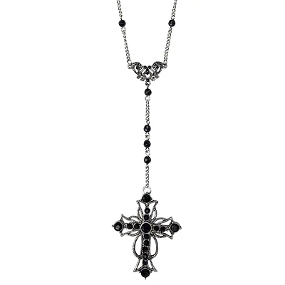Black Gothic Cross Beaded Chain Rosary Necklace