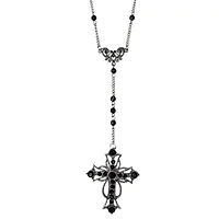 Black Gothic Cross Beaded Chain Rosary Necklace