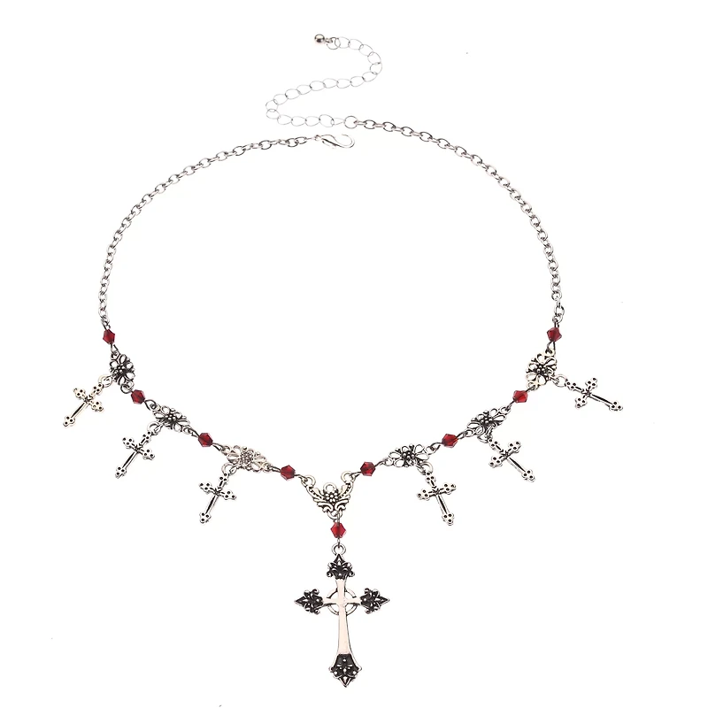 Red Beaded Gothic Cross Silver-Tone Charm Necklace