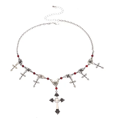 Red Beaded Gothic Cross Silver-Tone Charm Necklace