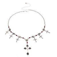 Red Beaded Gothic Cross Silver-Tone Charm Necklace