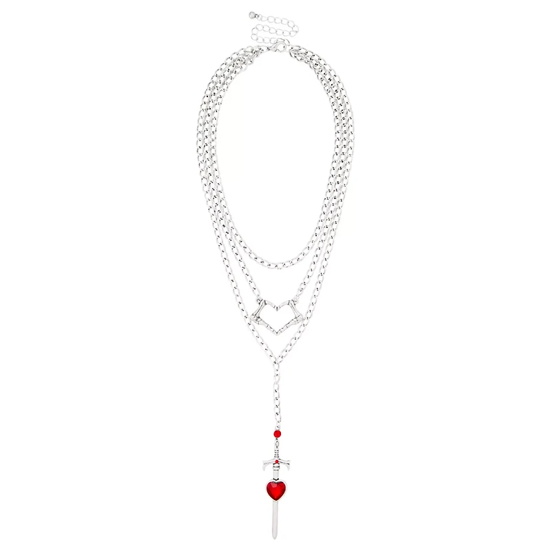 Layered Heart Cross Drop Chain Necklace