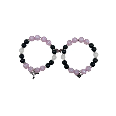 Black and Purple Heart Lock and Key Magnetic Long Distance Bracelets - 2 Pack